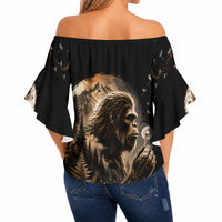 Bigfoot Blowing Wishes Dandelion Off Shoulder Wrap Waist Top Vintage Sasquatch Art Forest Mountain Nature