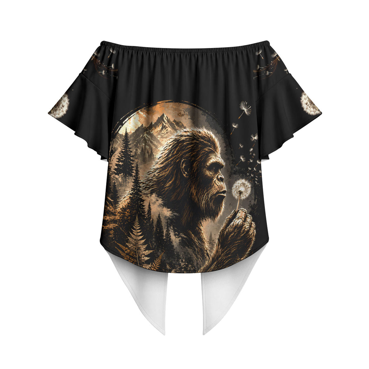 Bigfoot Blowing Wishes Dandelion Off Shoulder Wrap Waist Top Vintage Sasquatch Art Forest Mountain Nature