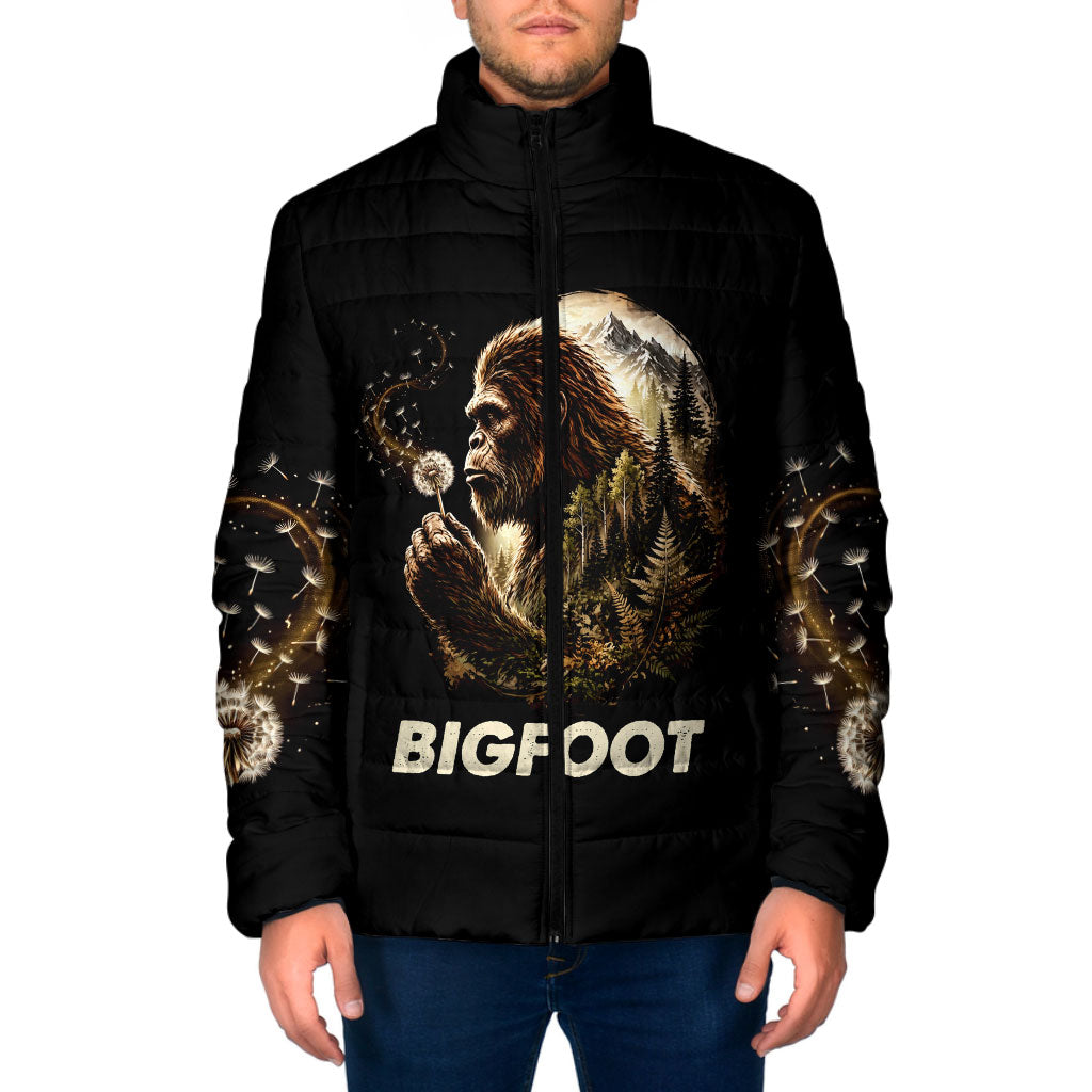 Bigfoot Blowing Wishes Dandelion Padded Jacket Vintage Sasquatch Art Forest Mountain Nature