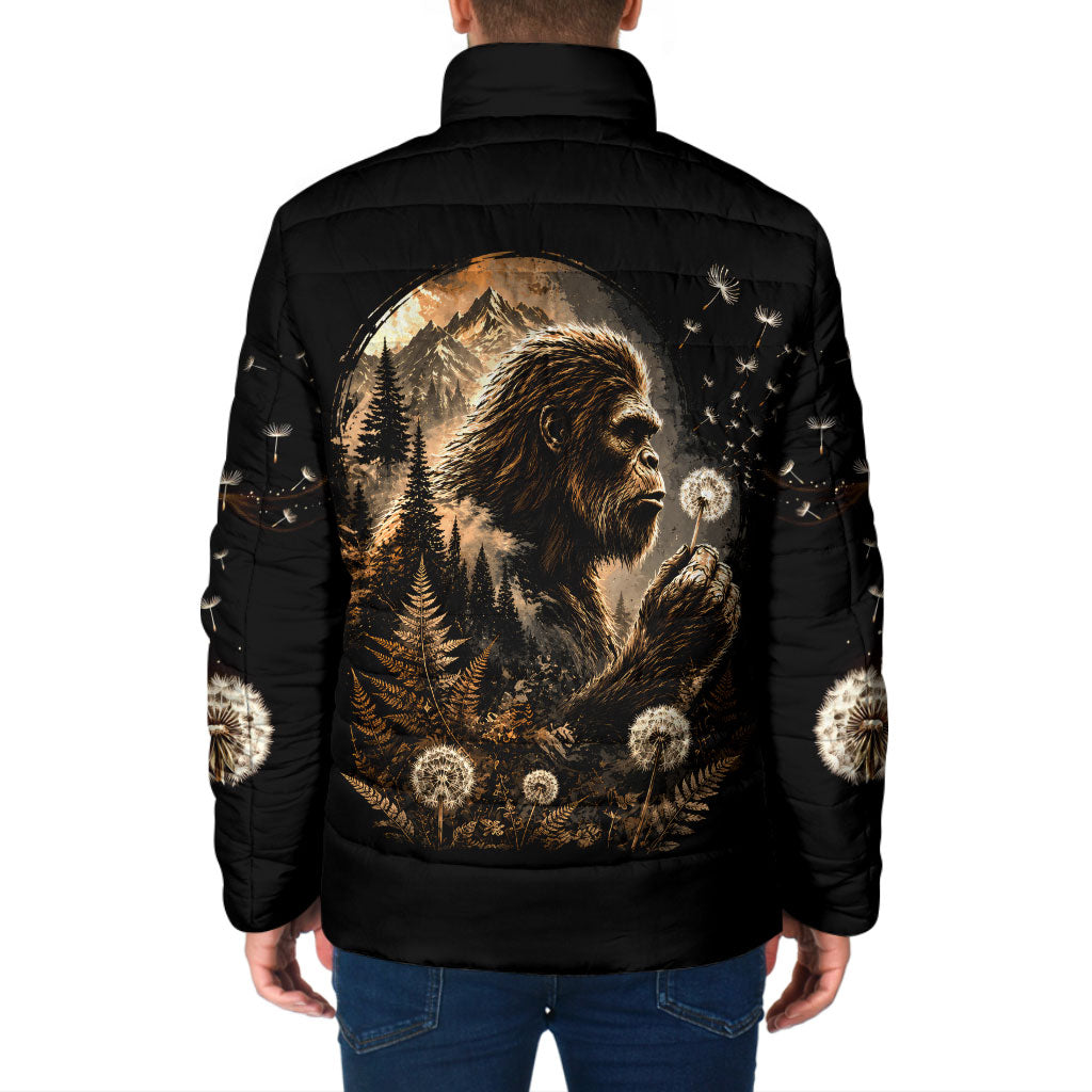 Bigfoot Blowing Wishes Dandelion Padded Jacket Vintage Sasquatch Art Forest Mountain Nature