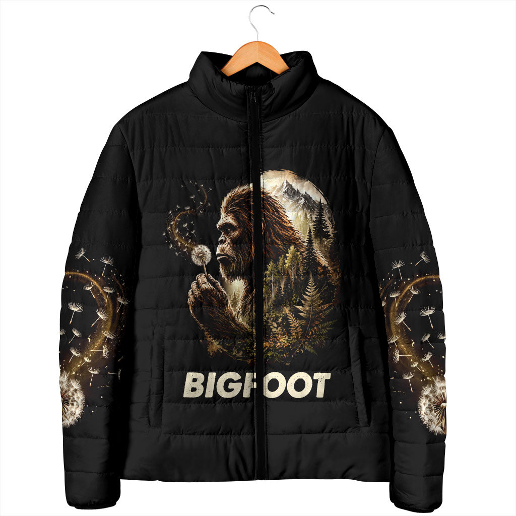 Bigfoot Blowing Wishes Dandelion Padded Jacket Vintage Sasquatch Art Forest Mountain Nature
