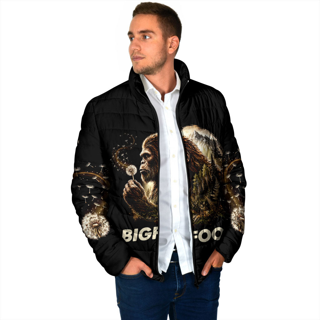 Bigfoot Blowing Wishes Dandelion Padded Jacket Vintage Sasquatch Art Forest Mountain Nature