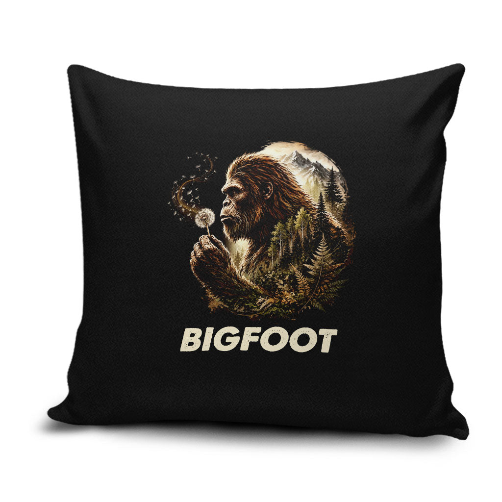 Bigfoot Blowing Wishes Dandelion Pillow Cover Vintage Sasquatch Art Forest Mountain Nature