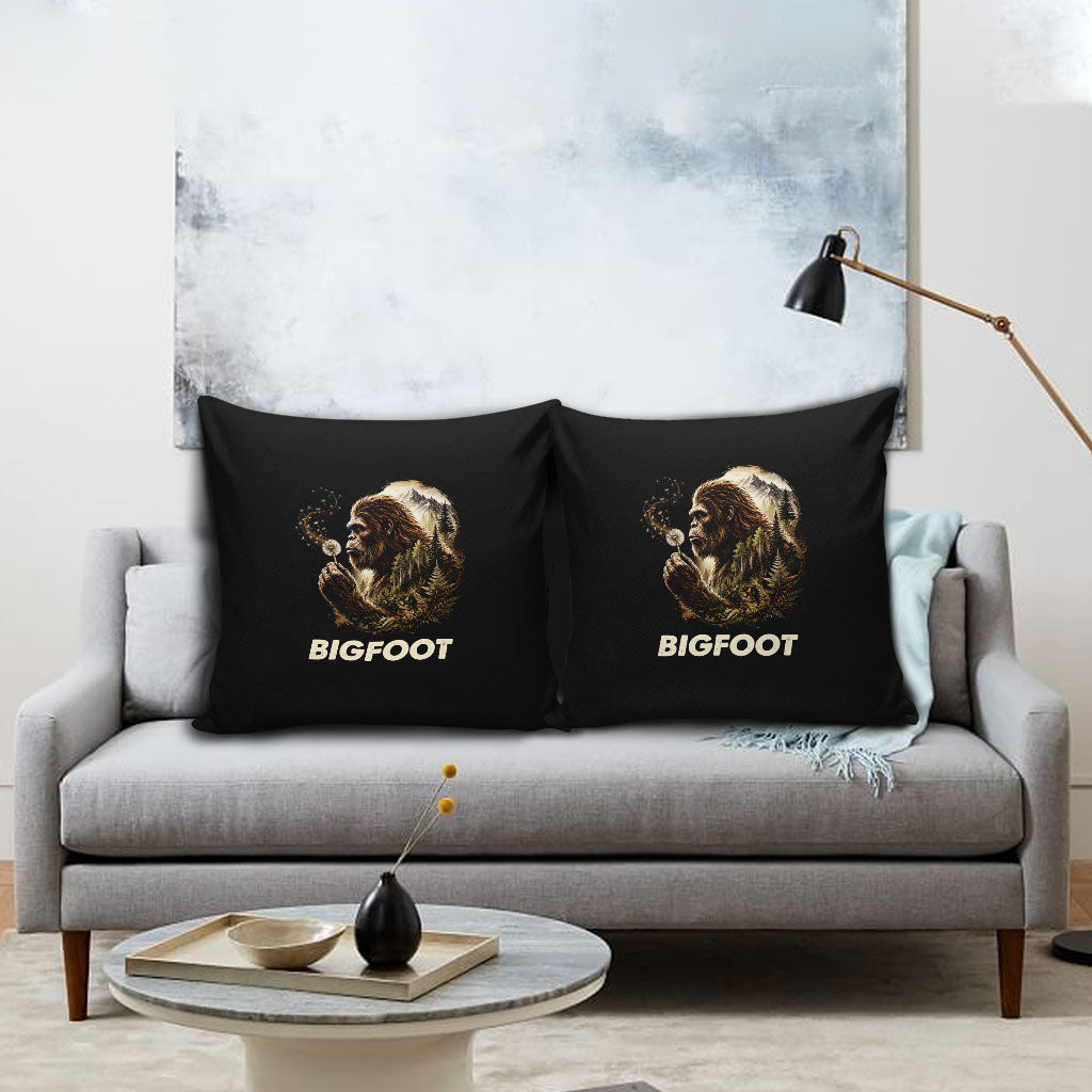 Bigfoot Blowing Wishes Dandelion Pillow Cover Vintage Sasquatch Art Forest Mountain Nature