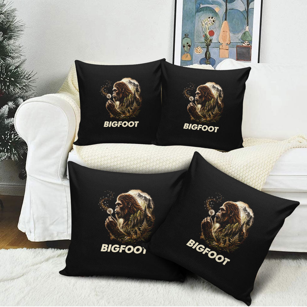 Bigfoot Blowing Wishes Dandelion Pillow Cover Vintage Sasquatch Art Forest Mountain Nature