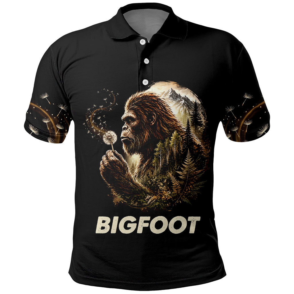 Bigfoot Blowing Wishes Dandelion Polo Shirt Vintage Sasquatch Art Forest Mountain Nature