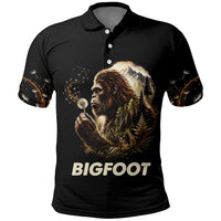 Bigfoot Blowing Wishes Dandelion Polo Shirt Vintage Sasquatch Art Forest Mountain Nature