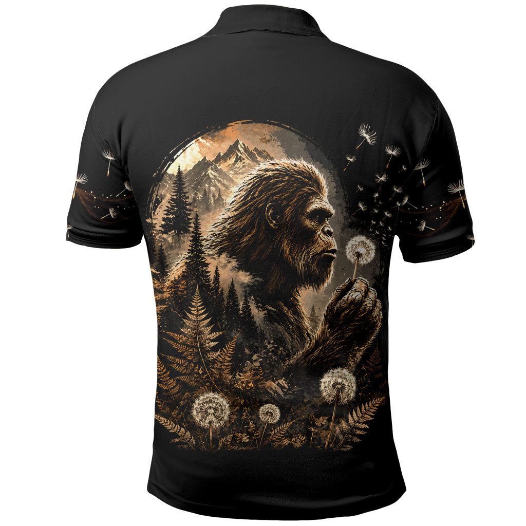 Bigfoot Blowing Wishes Dandelion Polo Shirt Vintage Sasquatch Art Forest Mountain Nature