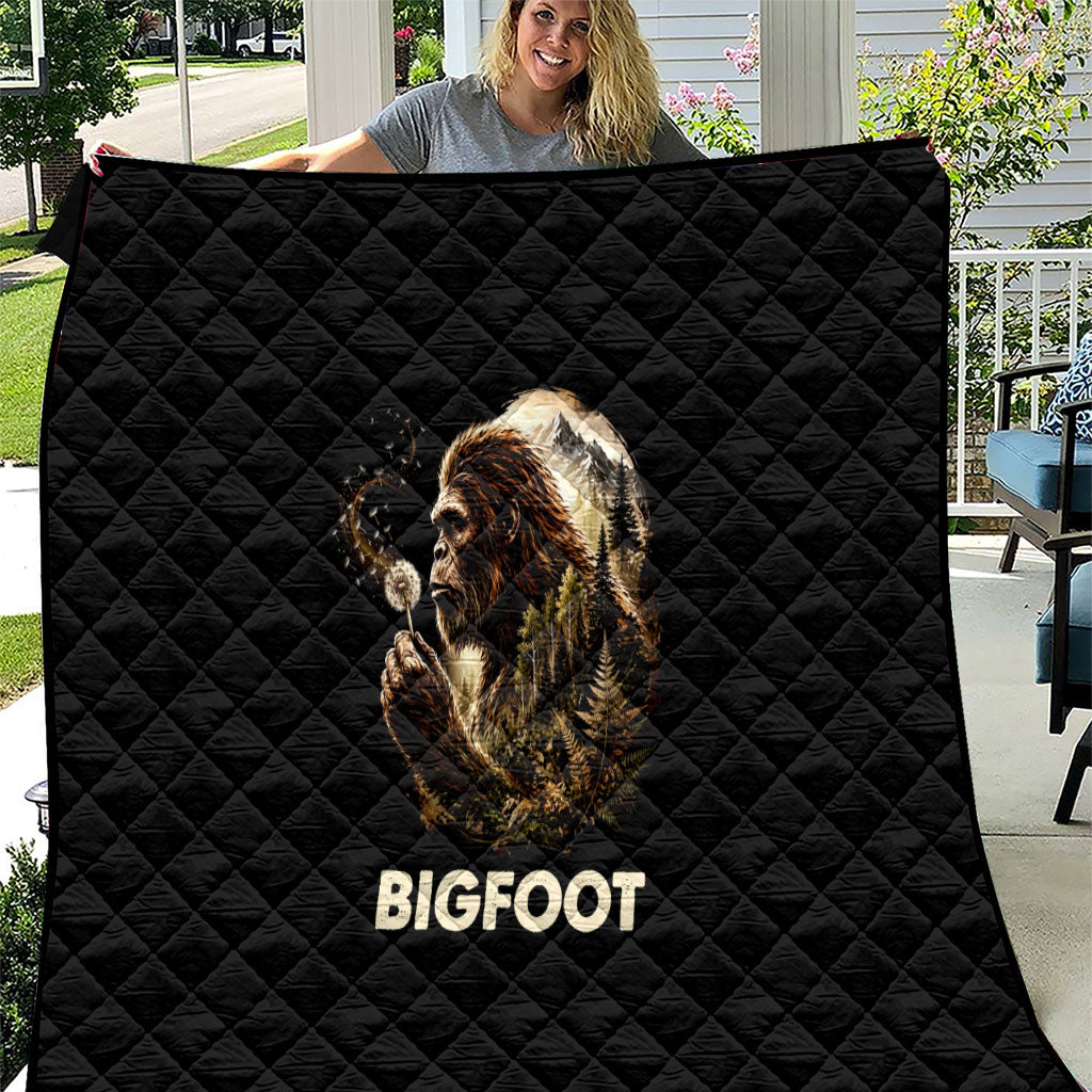 Bigfoot Blowing Wishes Dandelion Quilt Vintage Sasquatch Art Forest Mountain Nature