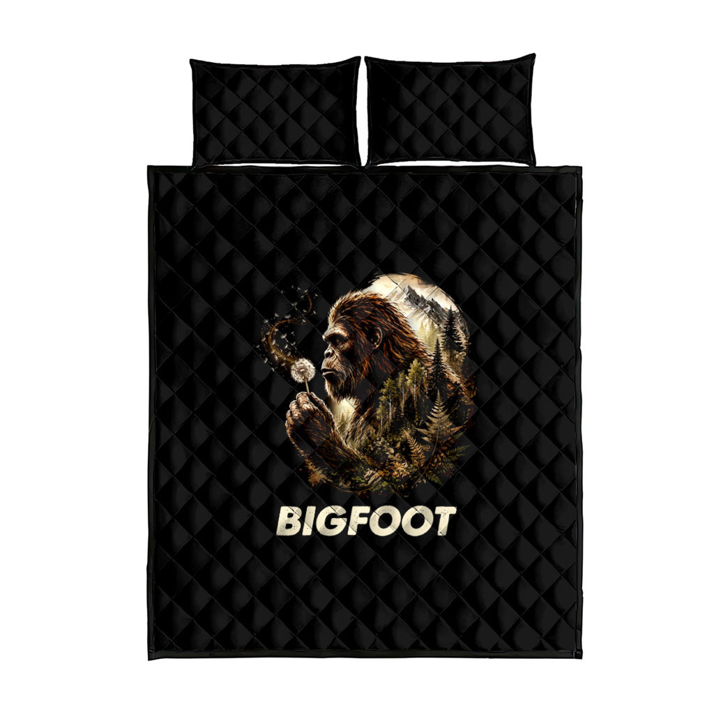 Bigfoot Blowing Wishes Dandelion Quilt Bed Set Vintage Sasquatch Art Forest Mountain Nature
