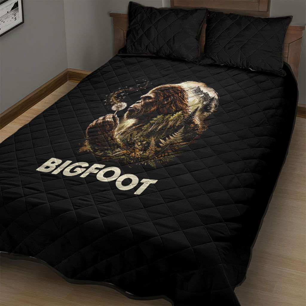 Bigfoot Blowing Wishes Dandelion Quilt Bed Set Vintage Sasquatch Art Forest Mountain Nature