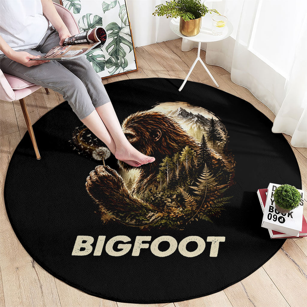 Bigfoot Blowing Wishes Dandelion Round Carpet Vintage Sasquatch Art Forest Mountain Nature