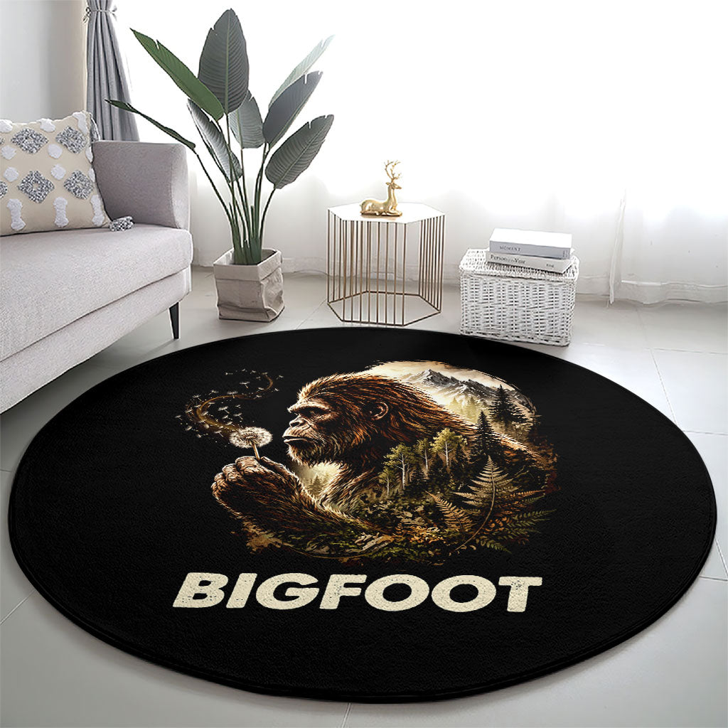 Bigfoot Blowing Wishes Dandelion Round Carpet Vintage Sasquatch Art Forest Mountain Nature
