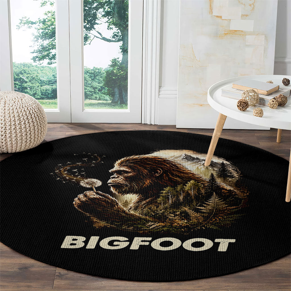 Bigfoot Blowing Wishes Dandelion Round Carpet Vintage Sasquatch Art Forest Mountain Nature