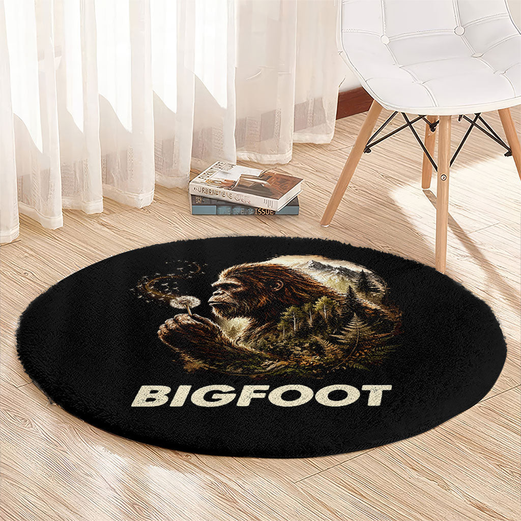 Bigfoot Blowing Wishes Dandelion Round Carpet Vintage Sasquatch Art Forest Mountain Nature