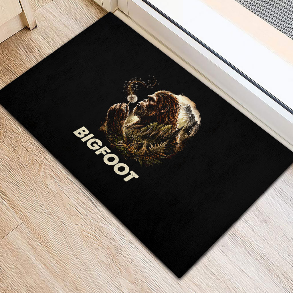 Bigfoot Blowing Wishes Dandelion Rubber Doormat Vintage Sasquatch Art Forest Mountain Nature