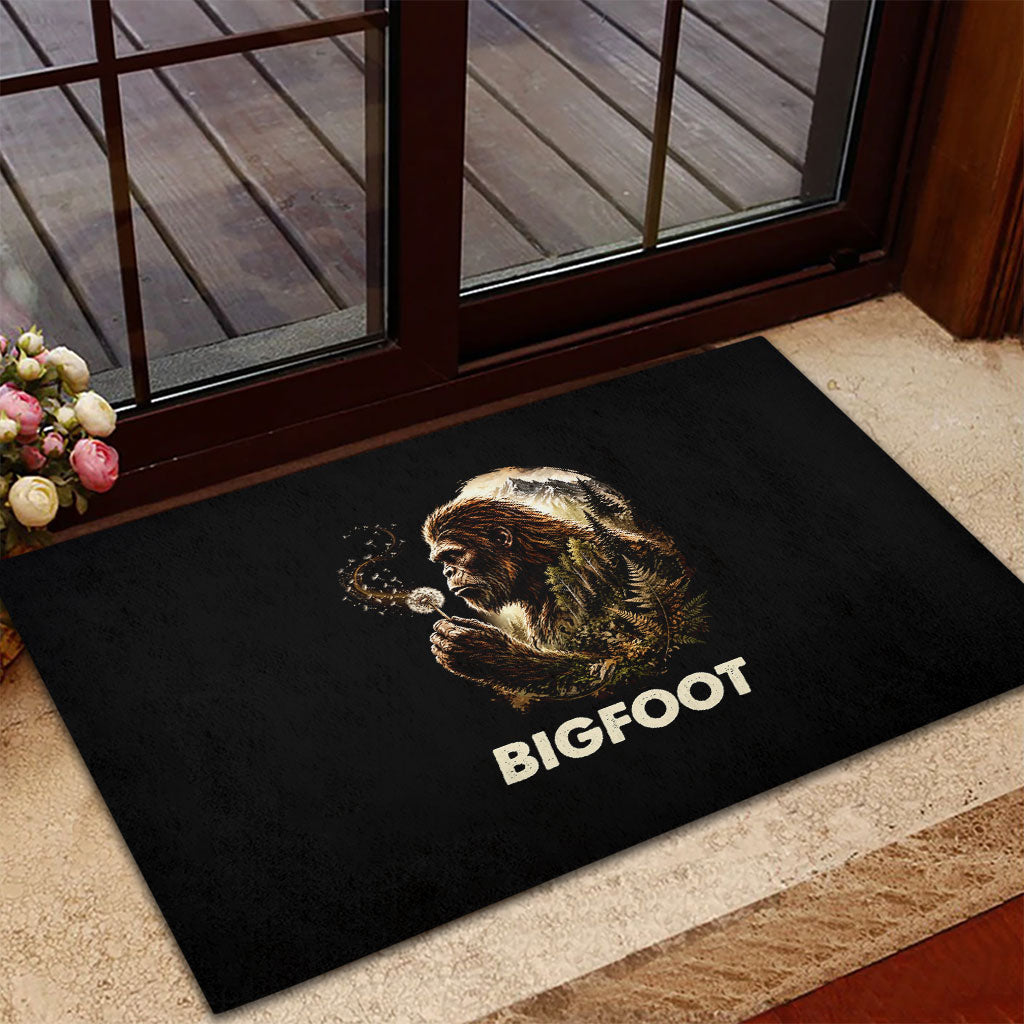 Bigfoot Blowing Wishes Dandelion Rubber Doormat Vintage Sasquatch Art Forest Mountain Nature