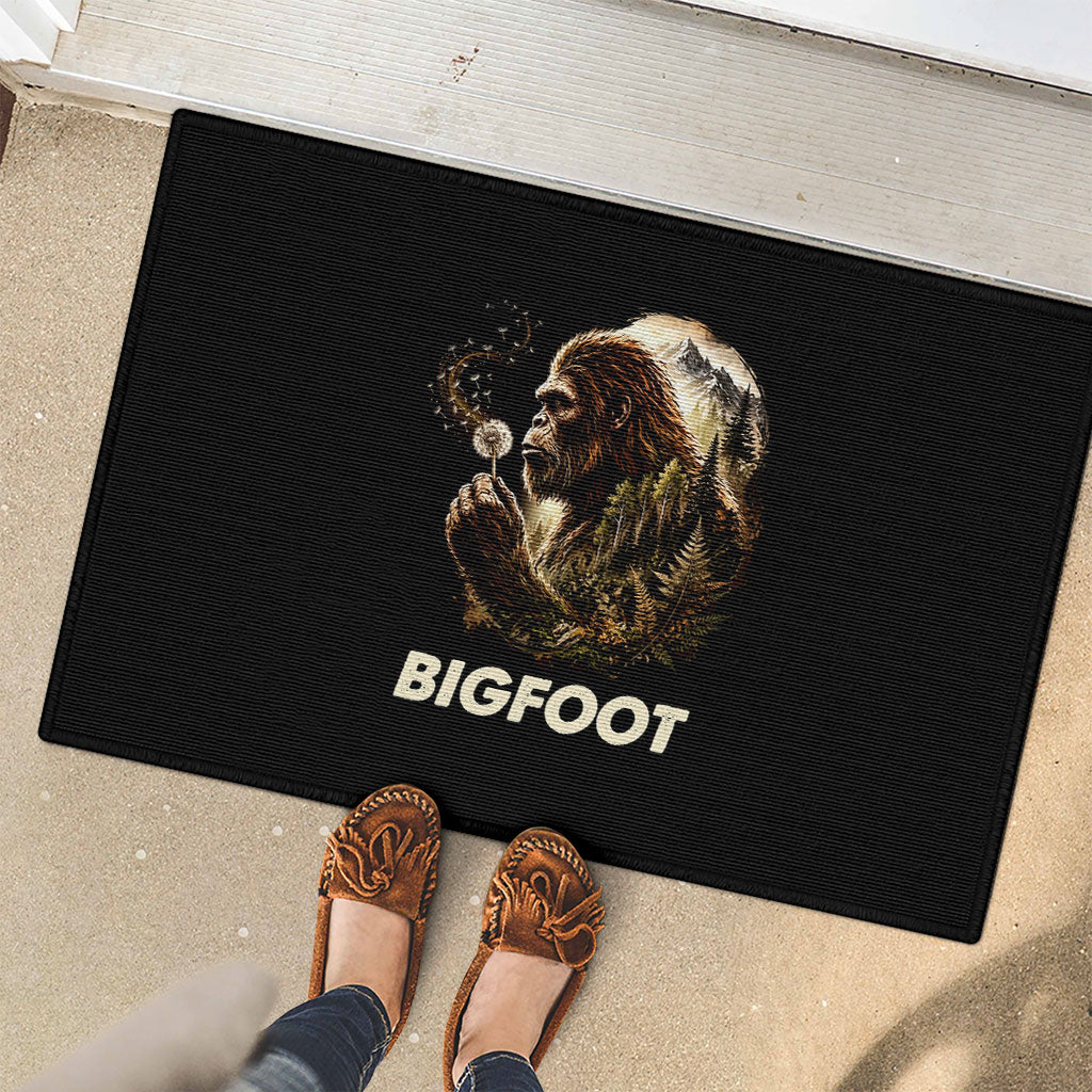 Bigfoot Blowing Wishes Dandelion Rubber Doormat Vintage Sasquatch Art Forest Mountain Nature