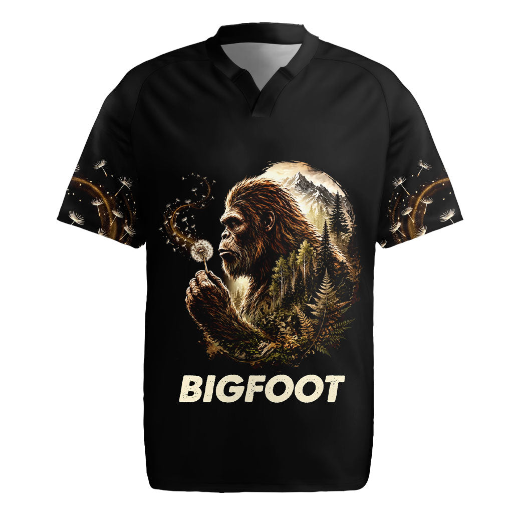 Bigfoot Blowing Wishes Dandelion Rugby Jersey Vintage Sasquatch Art Forest Mountain Nature