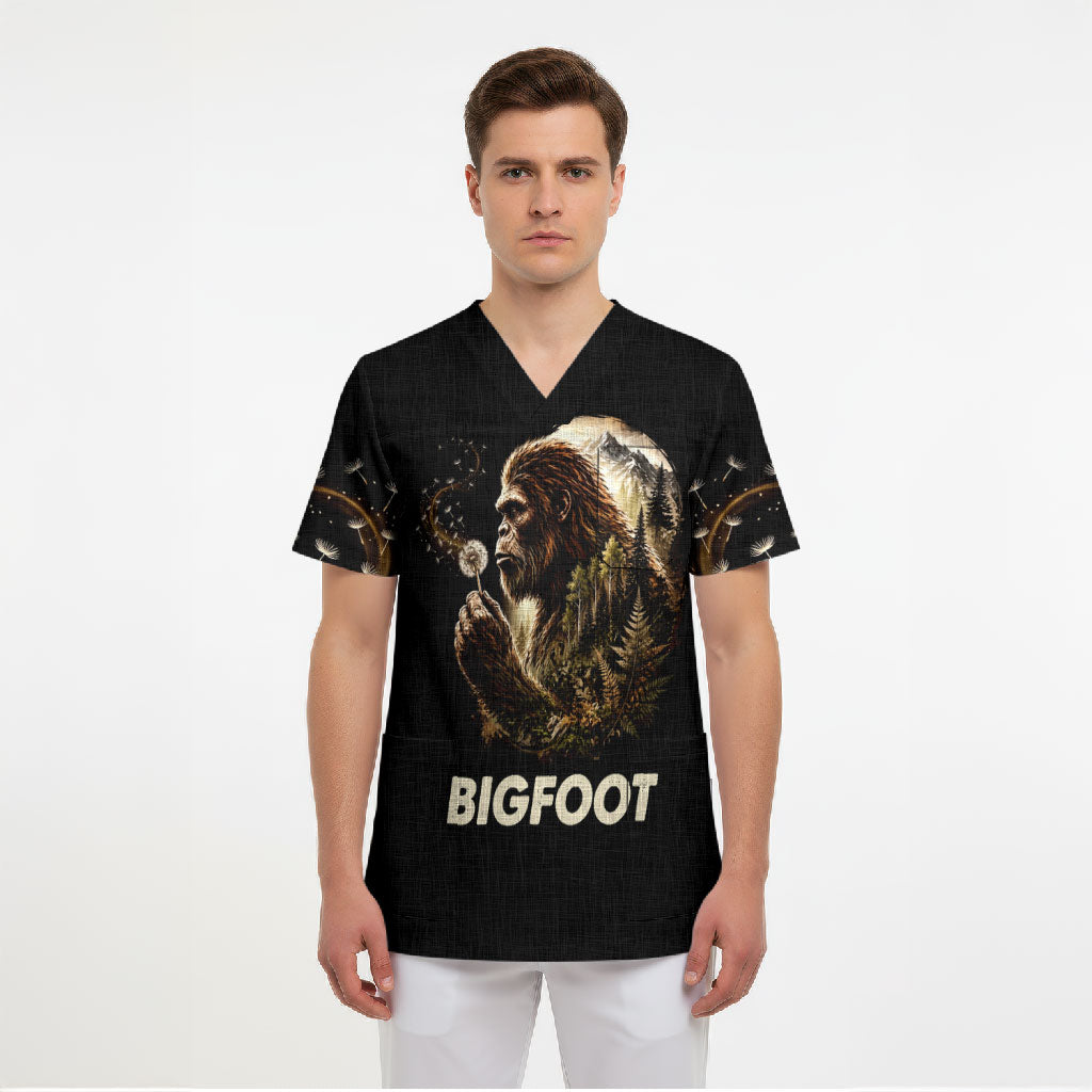 Bigfoot Blowing Wishes Dandelion Scrub Top Vintage Sasquatch Art Forest Mountain Nature