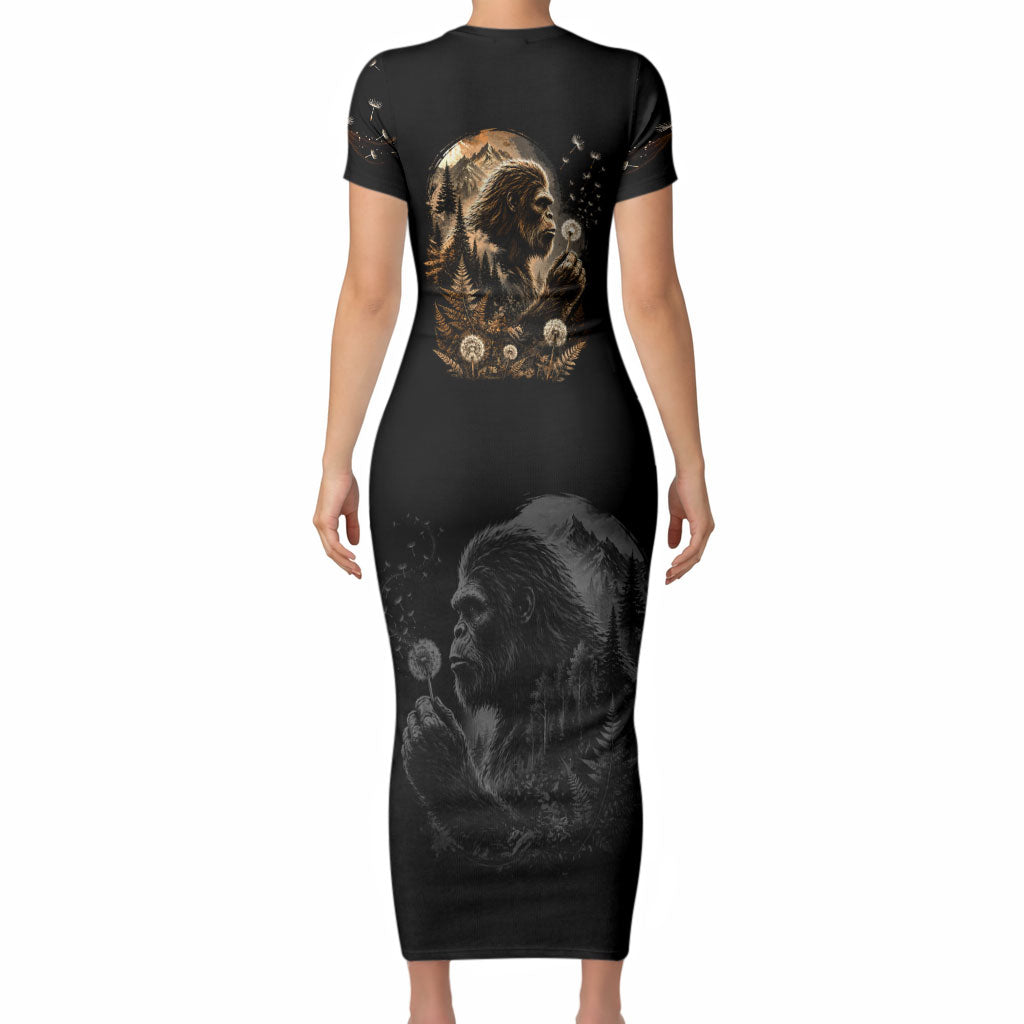 Bigfoot Blowing Wishes Dandelion Short Sleeve Bodycon Dress Vintage Sasquatch Art Forest Mountain Nature