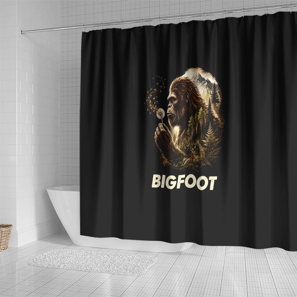 Bigfoot Blowing Wishes Dandelion Shower Curtain Vintage Sasquatch Art Forest Mountain Nature