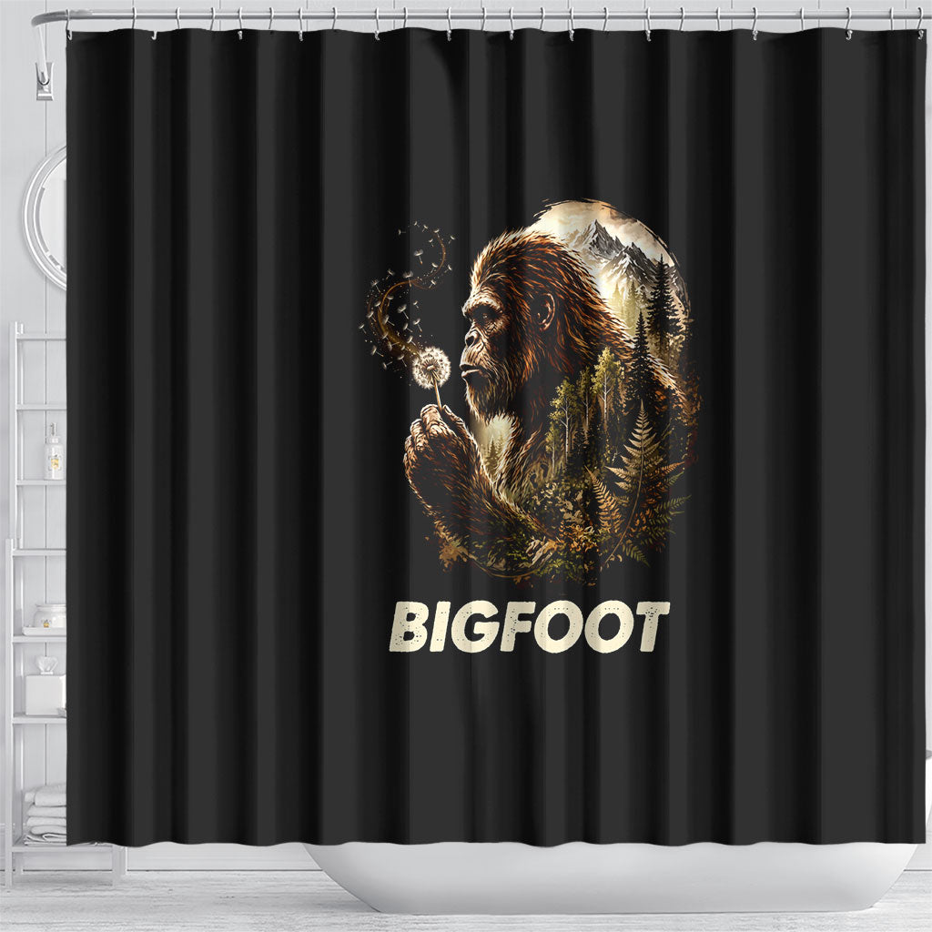 Bigfoot Blowing Wishes Dandelion Shower Curtain Vintage Sasquatch Art Forest Mountain Nature