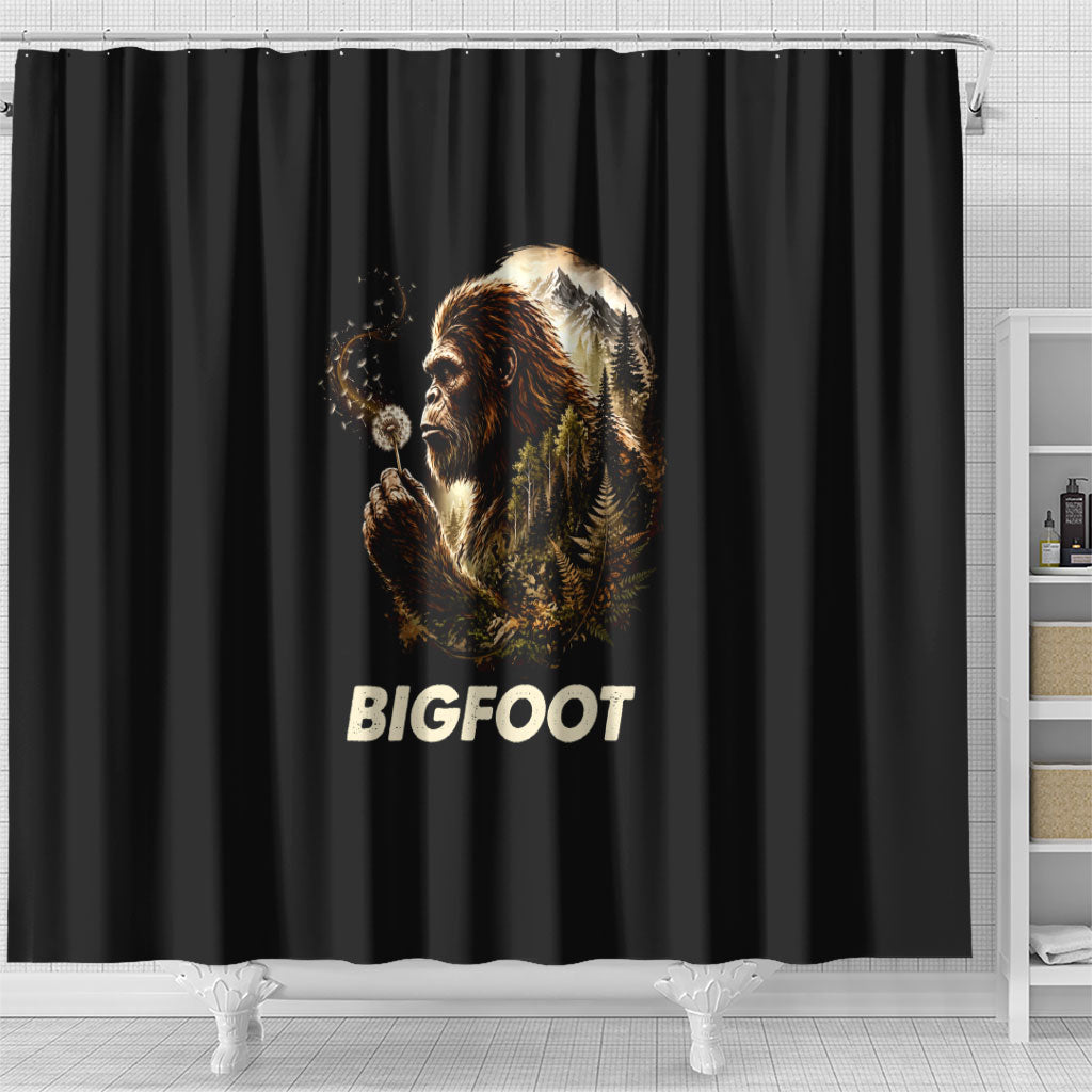 Bigfoot Blowing Wishes Dandelion Shower Curtain Vintage Sasquatch Art Forest Mountain Nature
