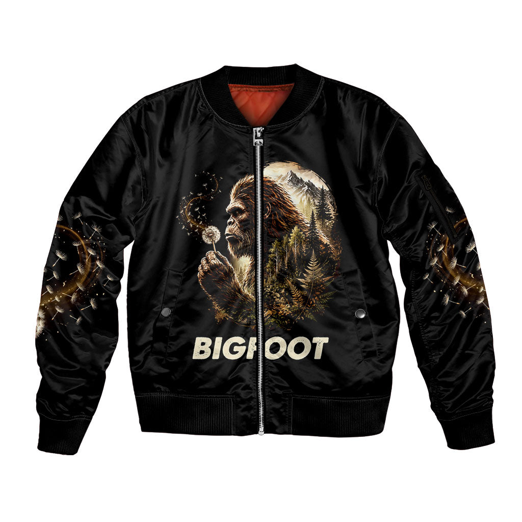 Bigfoot Blowing Wishes Dandelion Sleeve Zip Bomber Jacket Vintage Sasquatch Art Forest Mountain Nature