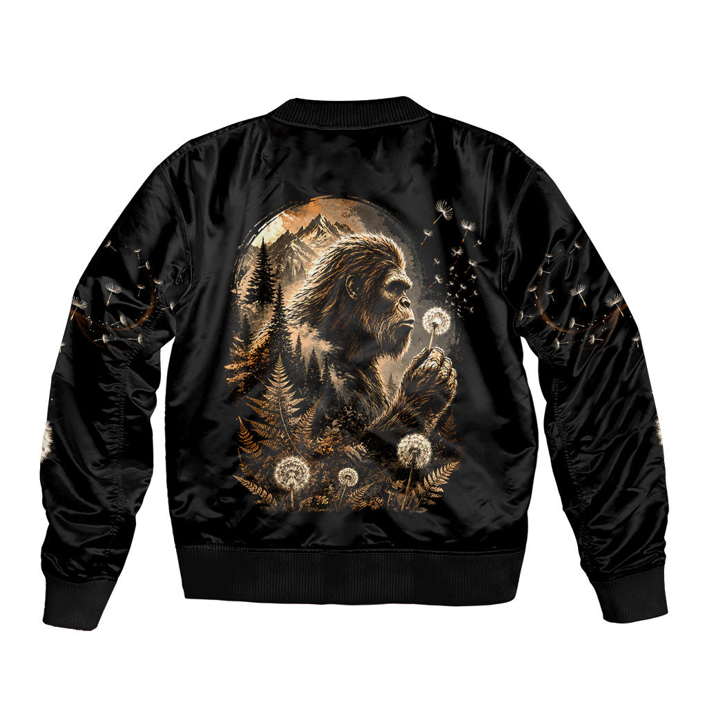 Bigfoot Blowing Wishes Dandelion Sleeve Zip Bomber Jacket Vintage Sasquatch Art Forest Mountain Nature