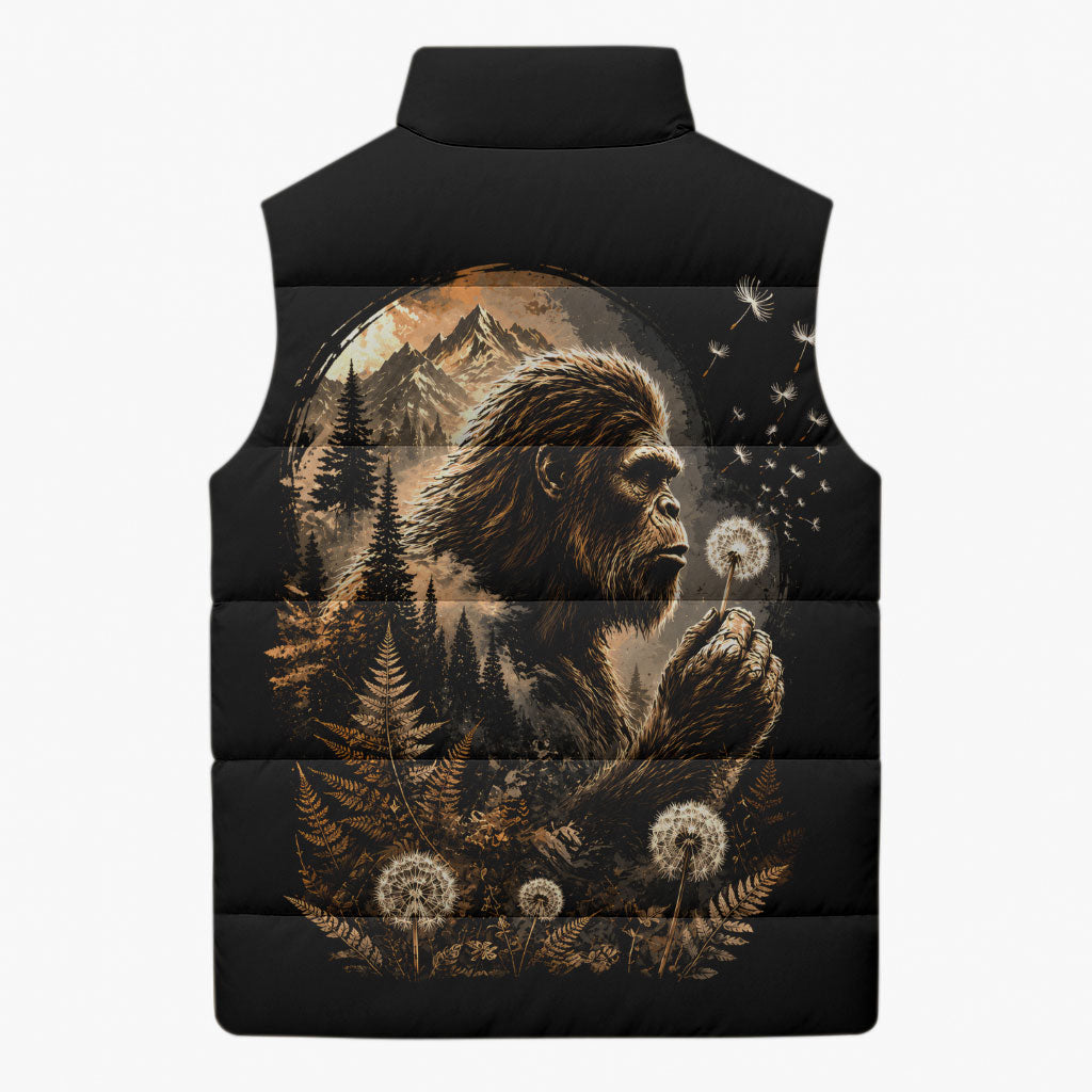 Bigfoot Blowing Wishes Dandelion Sleeveless Puffer Jacket Vintage Sasquatch Art Forest Mountain Nature
