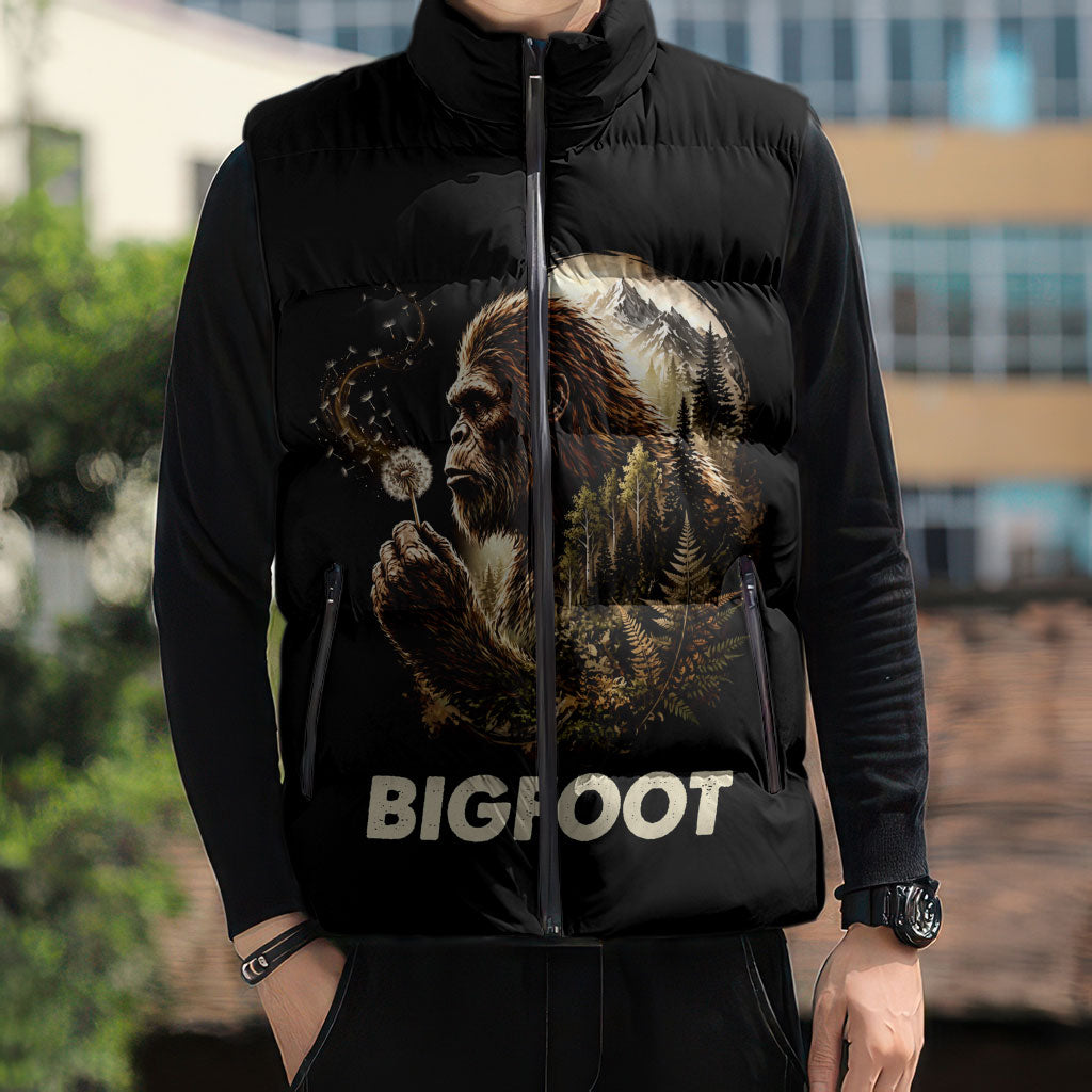 Bigfoot Blowing Wishes Dandelion Sleeveless Puffer Jacket Vintage Sasquatch Art Forest Mountain Nature