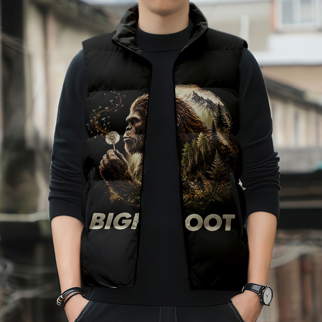 Bigfoot Blowing Wishes Dandelion Sleeveless Puffer Jacket Vintage Sasquatch Art Forest Mountain Nature