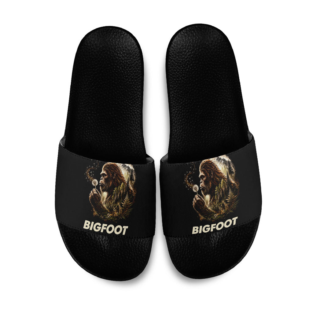 Bigfoot Blowing Wishes Dandelion Slide Sandals Vintage Sasquatch Art Forest Mountain Nature