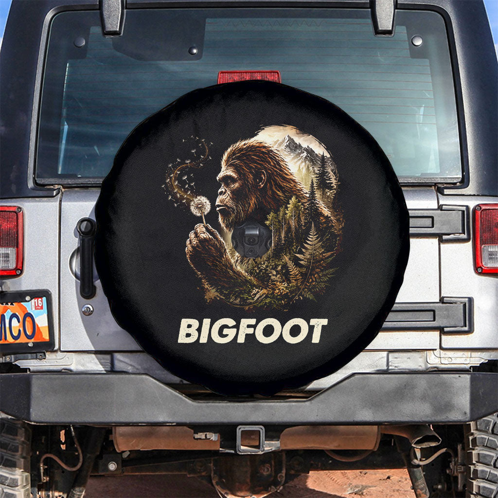 Bigfoot Blowing Wishes Dandelion Spare Tire Cover Vintage Sasquatch Art Forest Mountain Nature