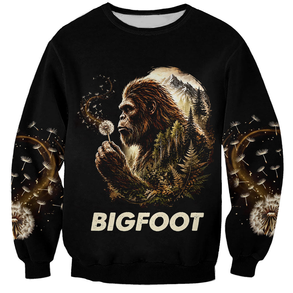 Bigfoot Blowing Wishes Dandelion Sweatshirt Vintage Sasquatch Art Forest Mountain Nature