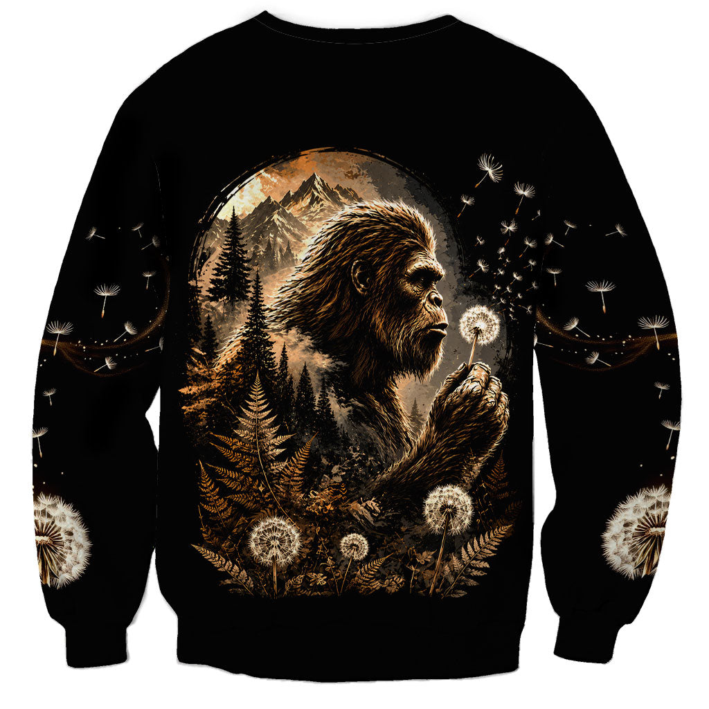 Bigfoot Blowing Wishes Dandelion Sweatshirt Vintage Sasquatch Art Forest Mountain Nature