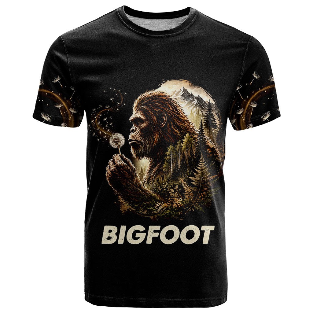 Bigfoot Blowing Wishes Dandelion T Shirt Vintage Sasquatch Art Forest Mountain Nature