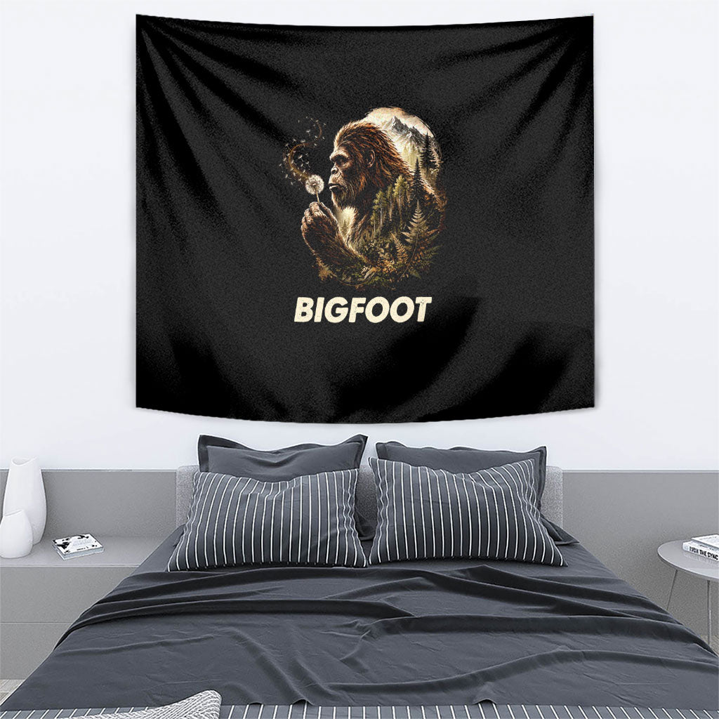 Bigfoot Blowing Wishes Dandelion Tapestry Vintage Sasquatch Art Forest Mountain Nature