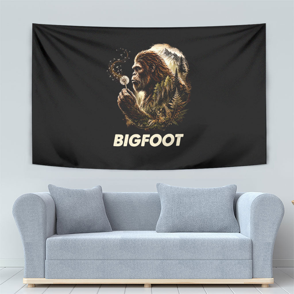 Bigfoot Blowing Wishes Dandelion Tapestry Vintage Sasquatch Art Forest Mountain Nature