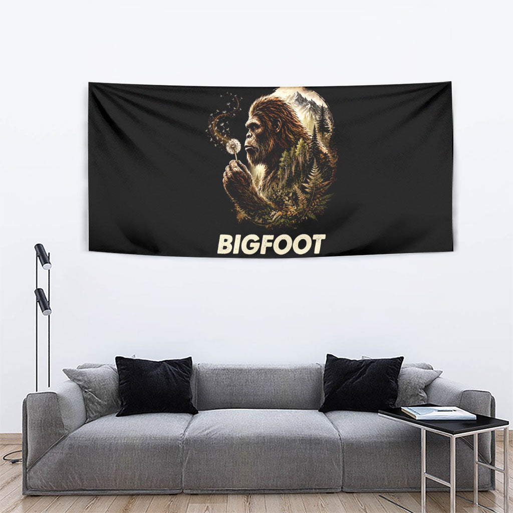 Bigfoot Blowing Wishes Dandelion Tapestry Vintage Sasquatch Art Forest Mountain Nature