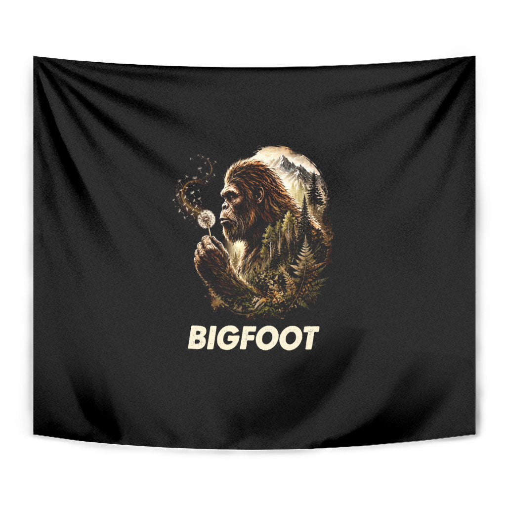 Bigfoot Blowing Wishes Dandelion Tapestry Vintage Sasquatch Art Forest Mountain Nature