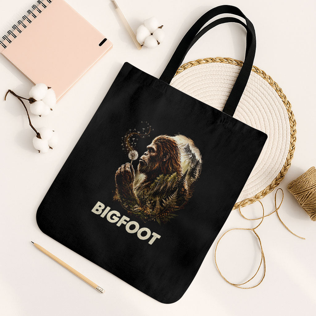 Bigfoot Blowing Wishes Dandelion Tote Bag Vintage Sasquatch Art Forest Mountain Nature