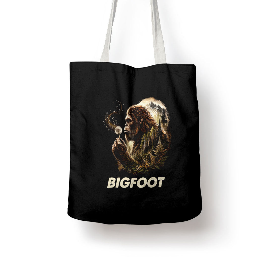 Bigfoot Blowing Wishes Dandelion Tote Bag Vintage Sasquatch Art Forest Mountain Nature