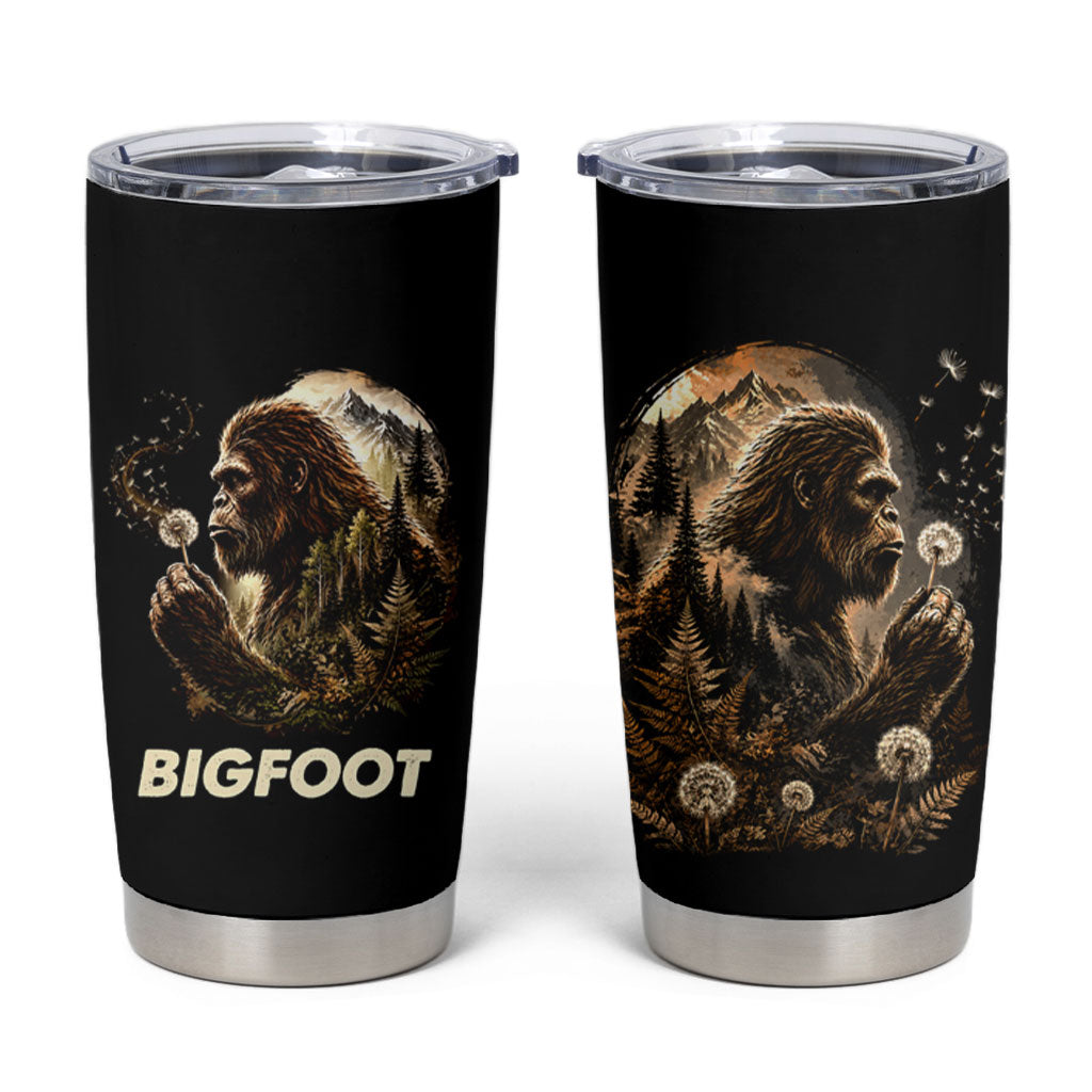 Bigfoot Blowing Wishes Dandelion Tumbler Cup Vintage Sasquatch Art Forest Mountain Nature