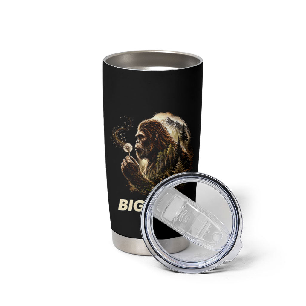 Bigfoot Blowing Wishes Dandelion Tumbler Cup Vintage Sasquatch Art Forest Mountain Nature