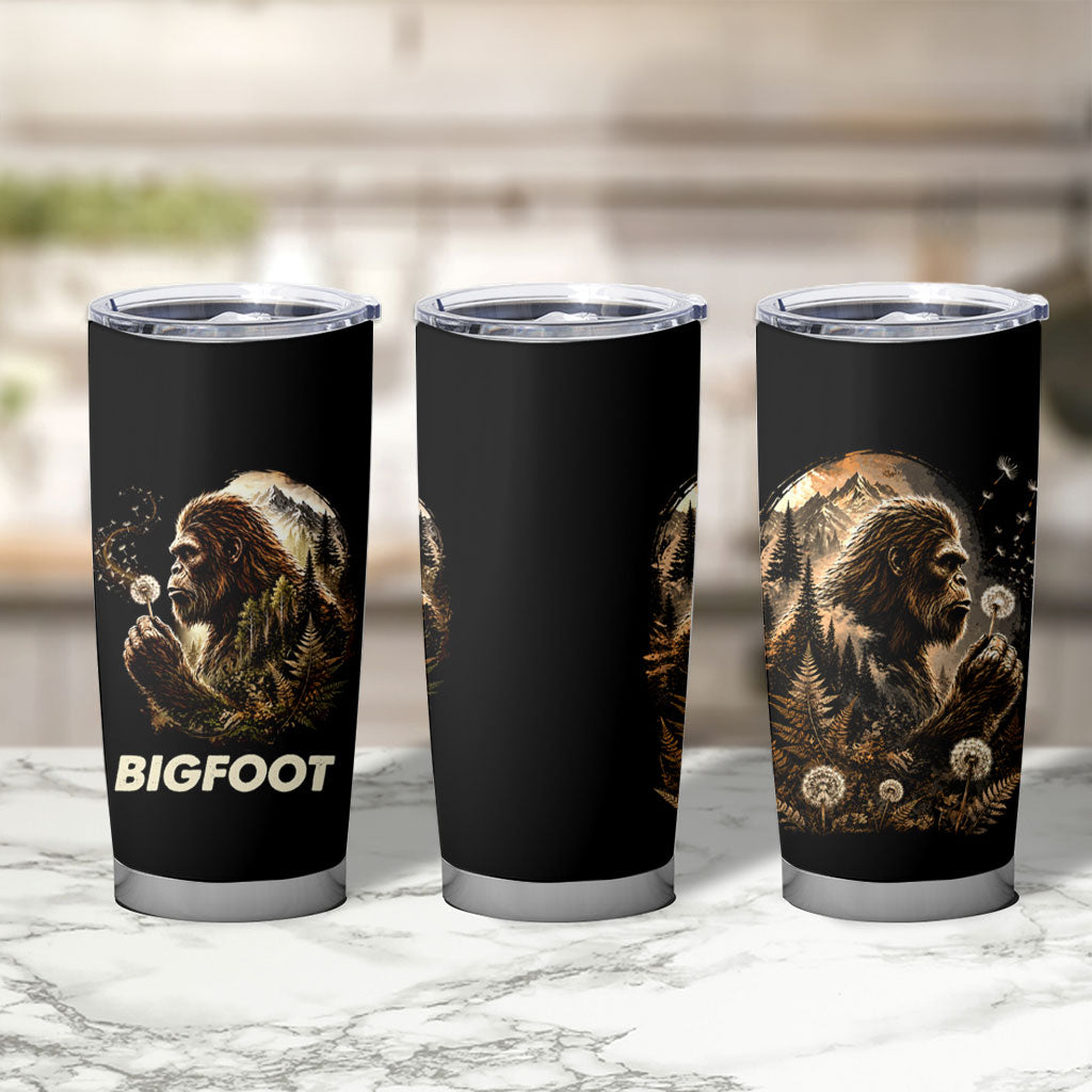Bigfoot Blowing Wishes Dandelion Tumbler Cup Vintage Sasquatch Art Forest Mountain Nature