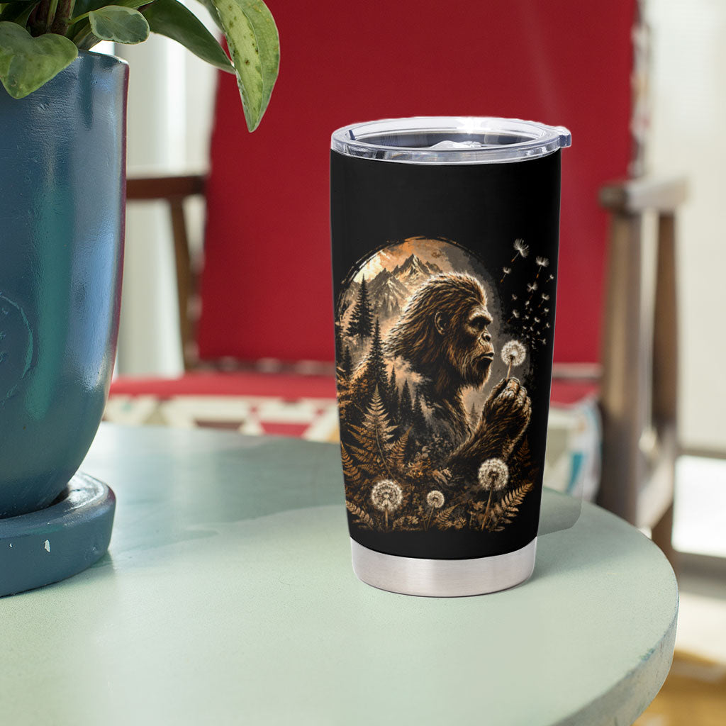Bigfoot Blowing Wishes Dandelion Tumbler Cup Vintage Sasquatch Art Forest Mountain Nature