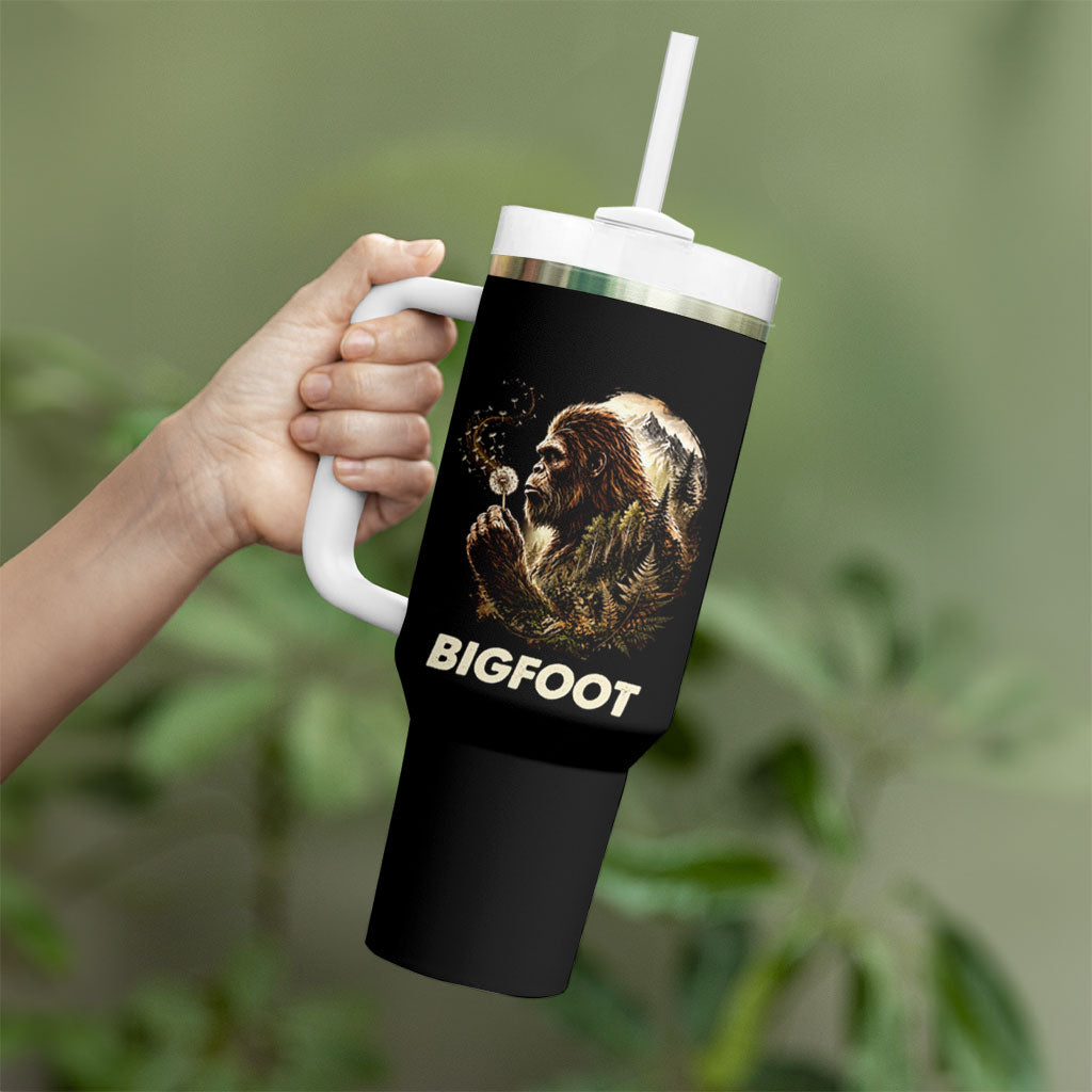 Bigfoot Blowing Wishes Dandelion Tumbler With Handle Vintage Sasquatch Art Forest Mountain Nature