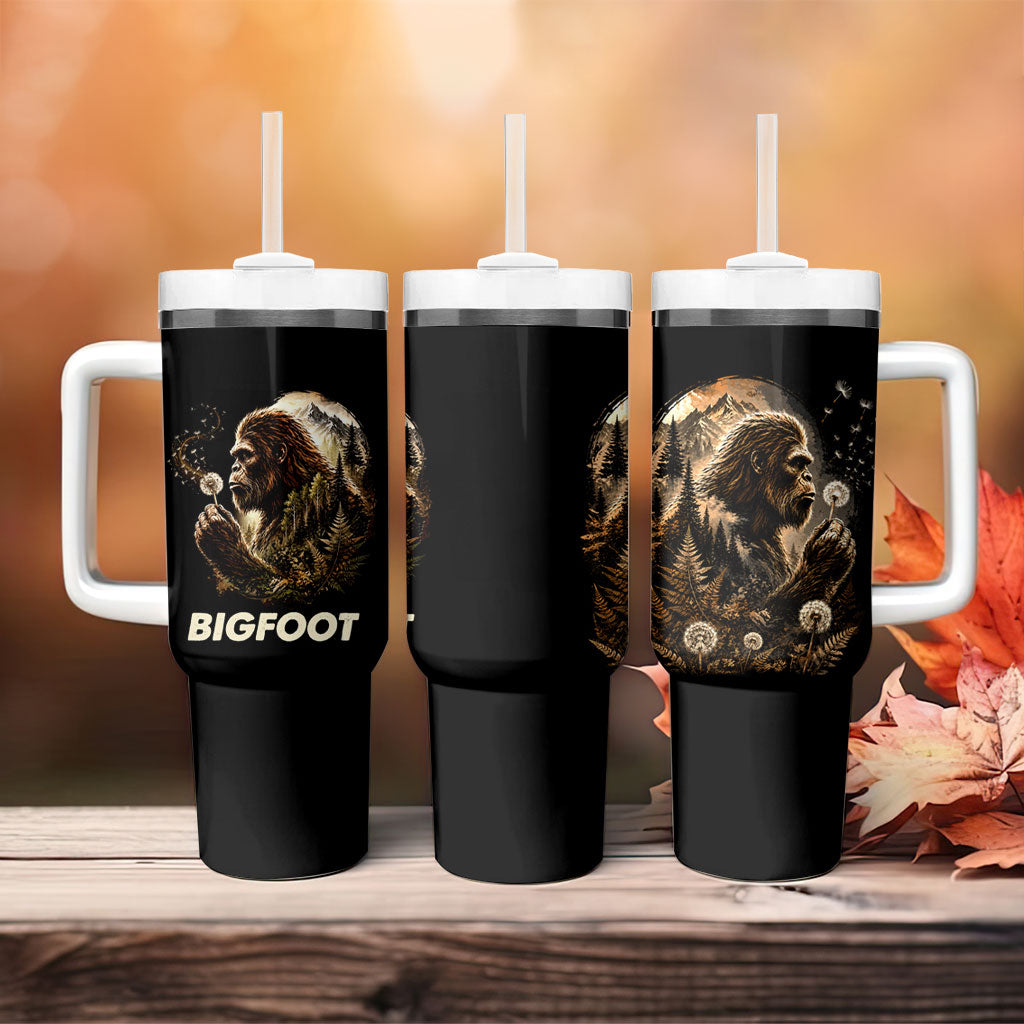 Bigfoot Blowing Wishes Dandelion Tumbler With Handle Vintage Sasquatch Art Forest Mountain Nature
